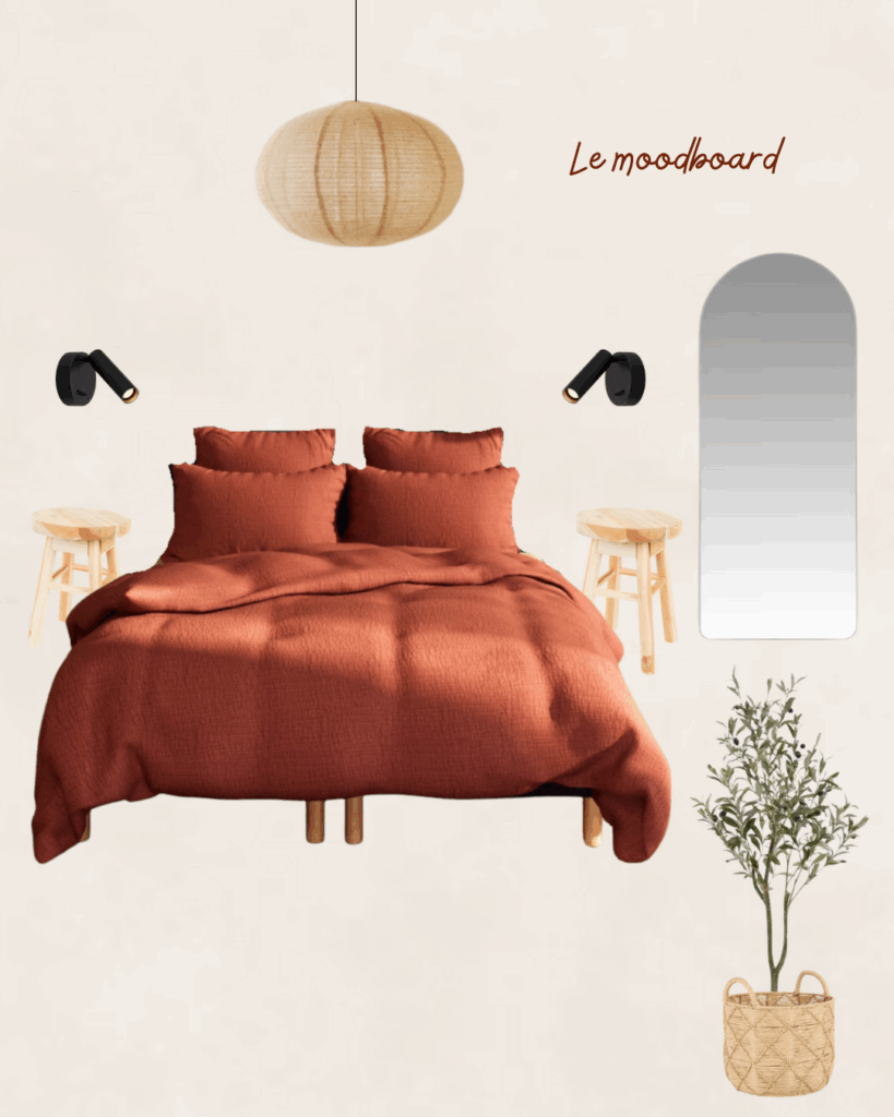 Moodboard chambre terracotta avec lit, miroir, tabourets et accessoires déco